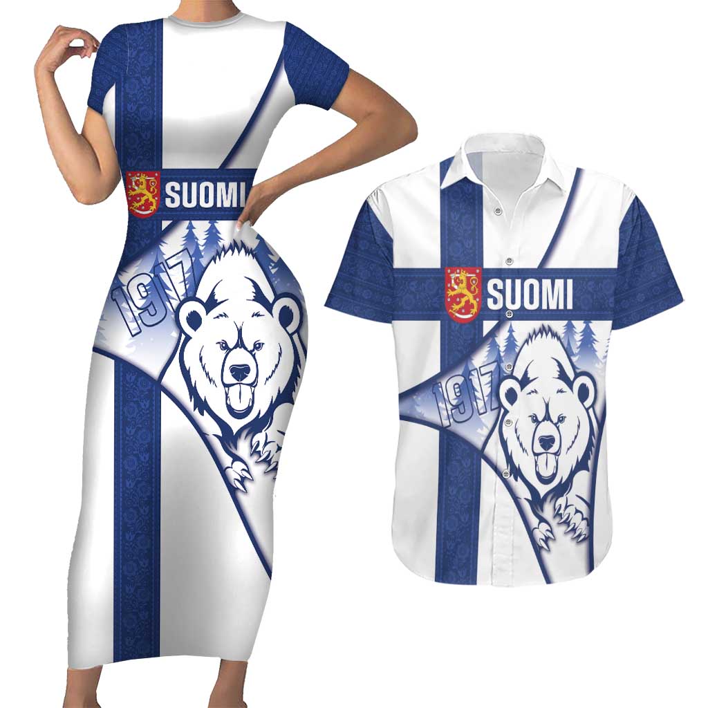 Personalised Finland Independence Day Couples Matching Short Sleeve Bodycon Dress and Hawaiian Shirt Suomi 1917 Proud Flag Finnish Folk Pattern - Wonder Print Shop