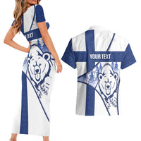 Personalised Finland Independence Day Couples Matching Short Sleeve Bodycon Dress and Hawaiian Shirt Suomi 1917 Proud Flag Finnish Folk Pattern - Wonder Print Shop
