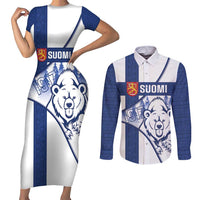 Personalised Finland Independence Day Couples Matching Short Sleeve Bodycon Dress and Long Sleeve Button Shirt Suomi 1917 Proud Flag Finnish Folk Pattern - Wonder Print Shop