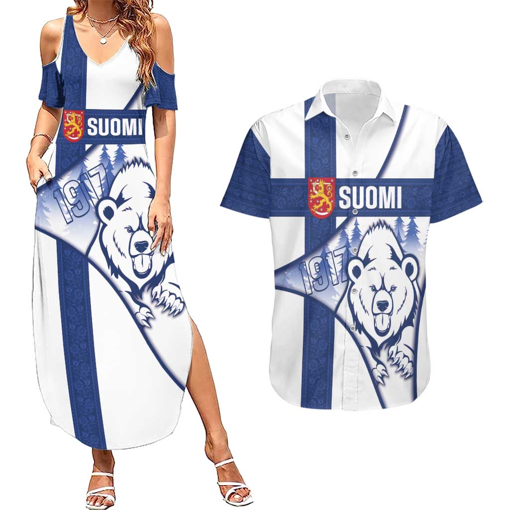 Personalised Finland Independence Day Couples Matching Summer Maxi Dress and Hawaiian Shirt Suomi 1917 Proud Flag Finnish Folk Pattern - Wonder Print Shop