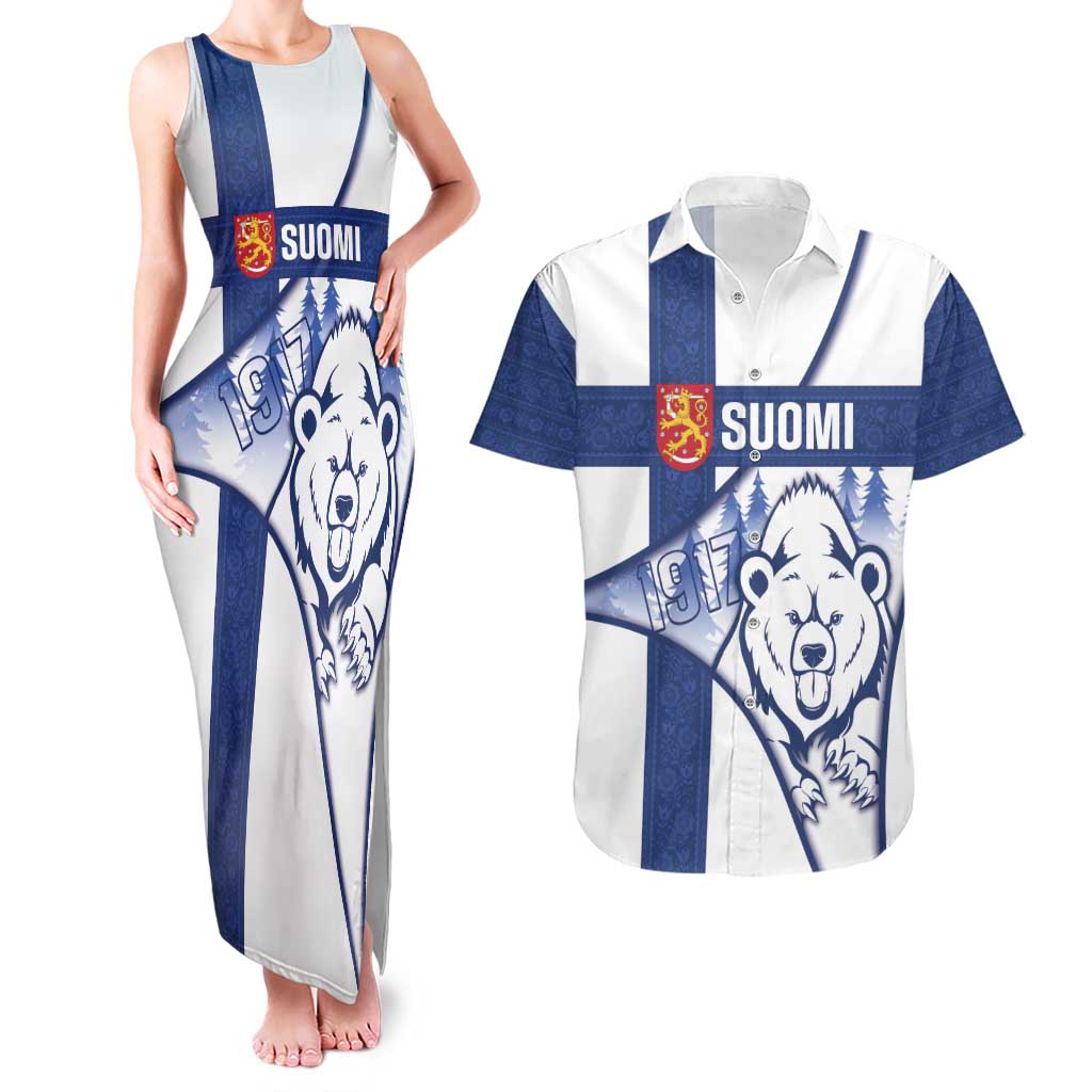 Personalised Finland Independence Day Couples Matching Tank Maxi Dress and Hawaiian Shirt Suomi 1917 Proud Flag Finnish Folk Pattern - Wonder Print Shop
