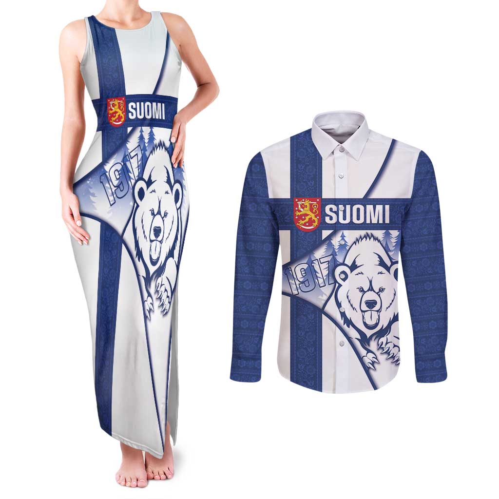 Personalised Finland Independence Day Couples Matching Tank Maxi Dress and Long Sleeve Button Shirt Suomi 1917 Proud Flag Finnish Folk Pattern - Wonder Print Shop