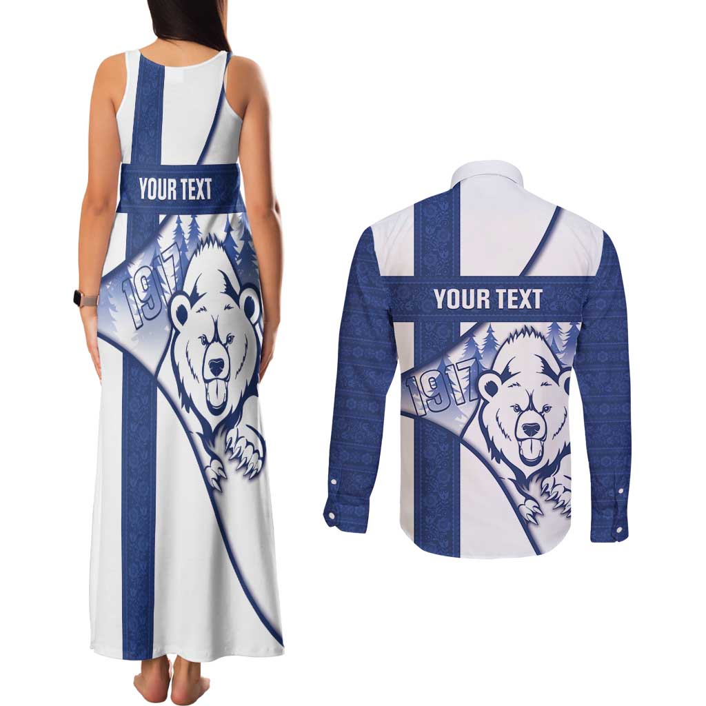Personalised Finland Independence Day Couples Matching Tank Maxi Dress and Long Sleeve Button Shirt Suomi 1917 Proud Flag Finnish Folk Pattern - Wonder Print Shop