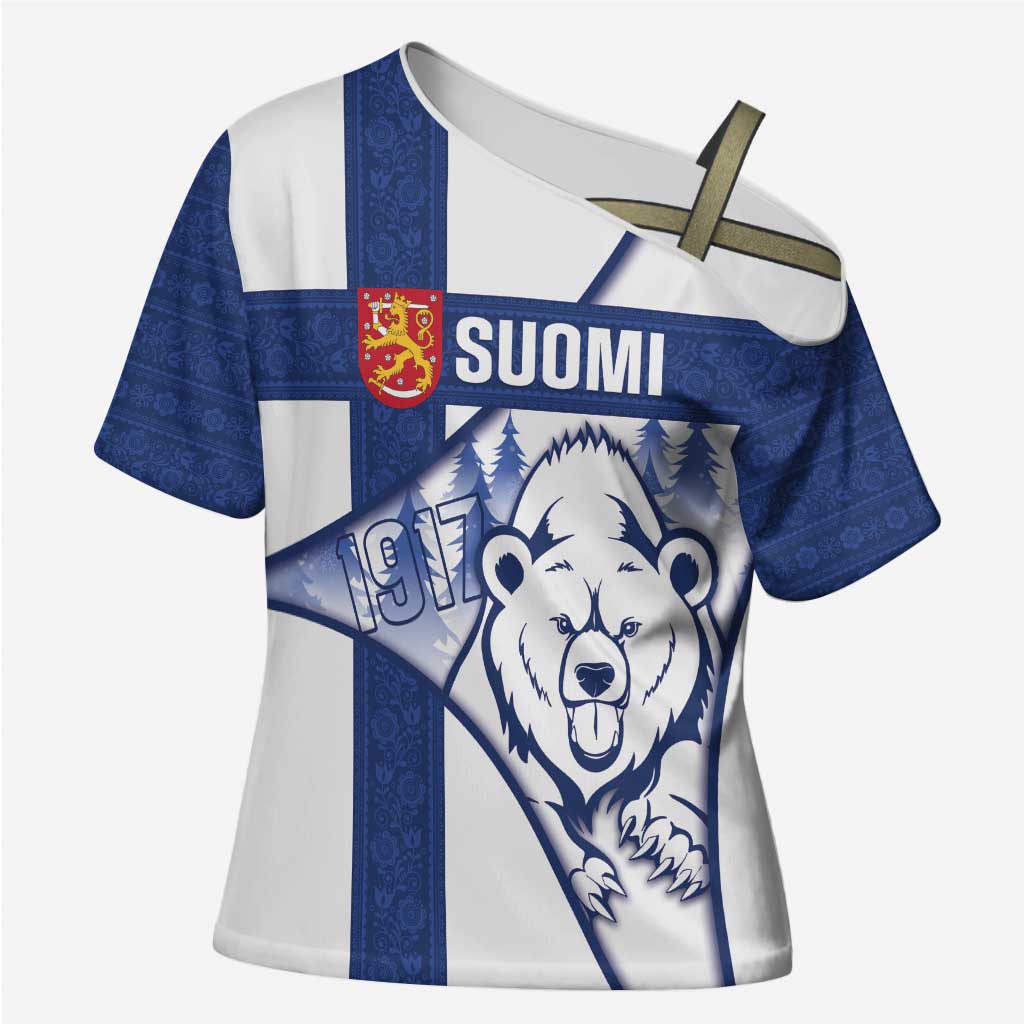 Personalised Finland Independence Day Cross Shoulder Shirt Suomi 1917 Proud Flag Finnish Folk Pattern - Wonder Print Shop
