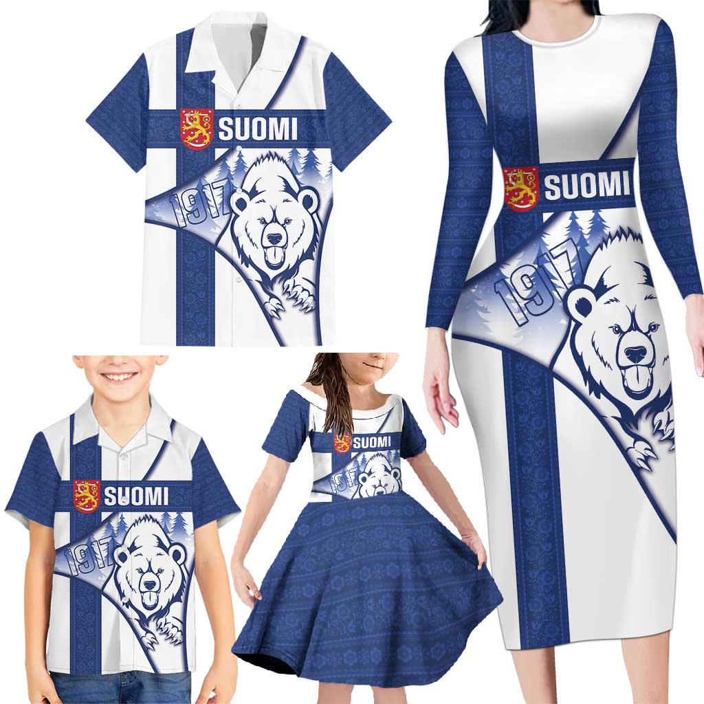 Personalised Finland Independence Day Family Matching Long Sleeve Bodycon Dress and Hawaiian Shirt Suomi 1917 Proud Flag Finnish Folk Pattern - Wonder Print Shop
