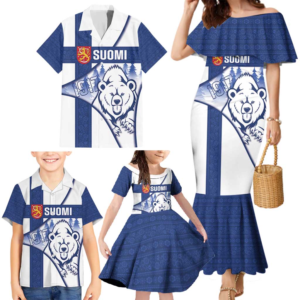 Personalised Finland Independence Day Family Matching Mermaid Dress and Hawaiian Shirt Suomi 1917 Proud Flag Finnish Folk Pattern - Wonder Print Shop