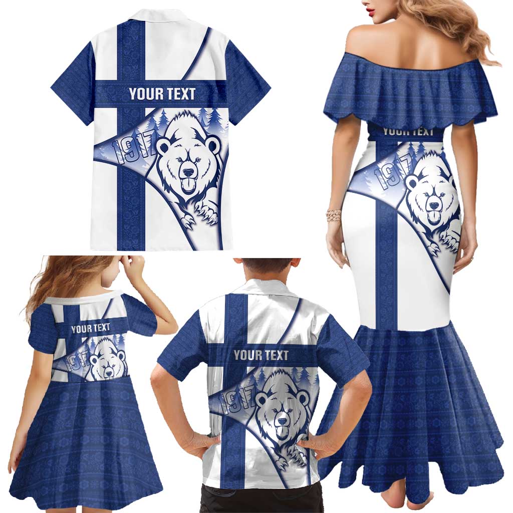 Personalised Finland Independence Day Family Matching Mermaid Dress and Hawaiian Shirt Suomi 1917 Proud Flag Finnish Folk Pattern - Wonder Print Shop