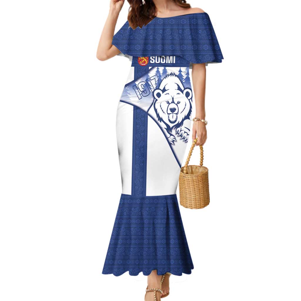 Personalised Finland Independence Day Family Matching Mermaid Dress and Hawaiian Shirt Suomi 1917 Proud Flag Finnish Folk Pattern - Wonder Print Shop
