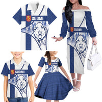 Personalised Finland Independence Day Family Matching Off The Shoulder Long Sleeve Dress and Hawaiian Shirt Suomi 1917 Proud Flag Finnish Folk Pattern - Wonder Print Shop