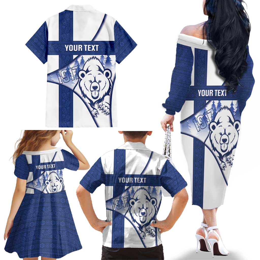 Personalised Finland Independence Day Family Matching Off The Shoulder Long Sleeve Dress and Hawaiian Shirt Suomi 1917 Proud Flag Finnish Folk Pattern - Wonder Print Shop