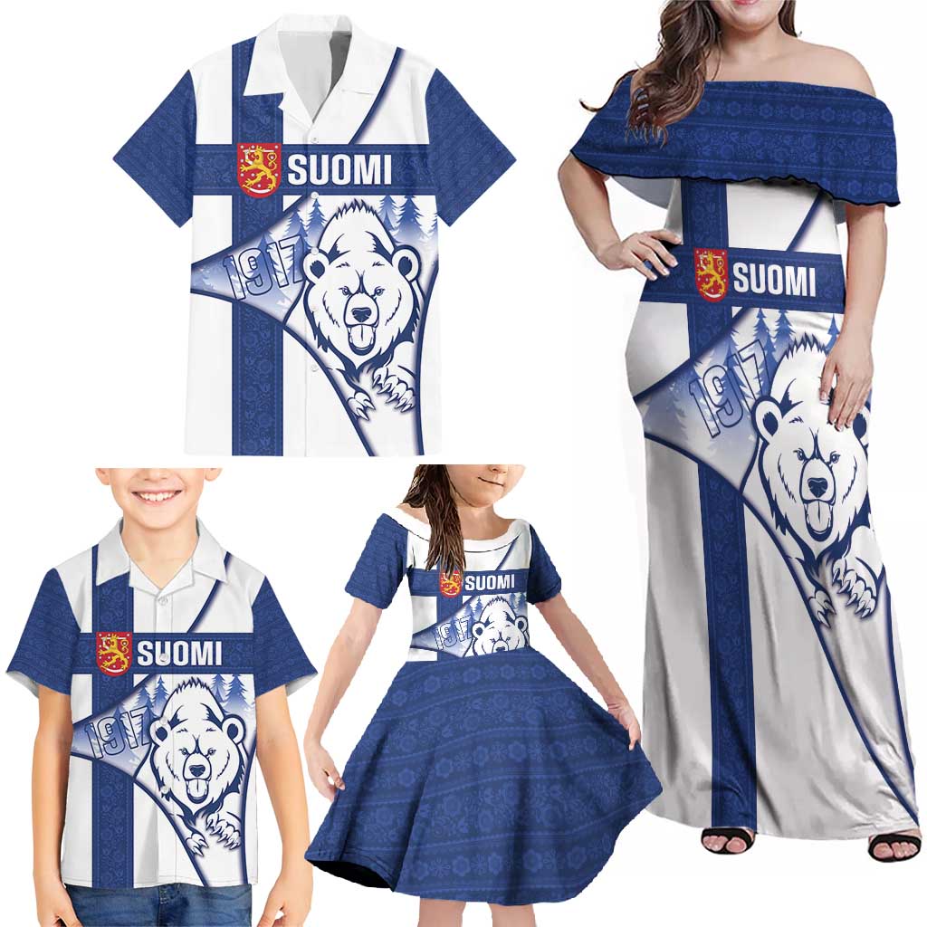 Personalised Finland Independence Day Family Matching Off Shoulder Maxi Dress and Hawaiian Shirt Suomi 1917 Proud Flag Finnish Folk Pattern - Wonder Print Shop