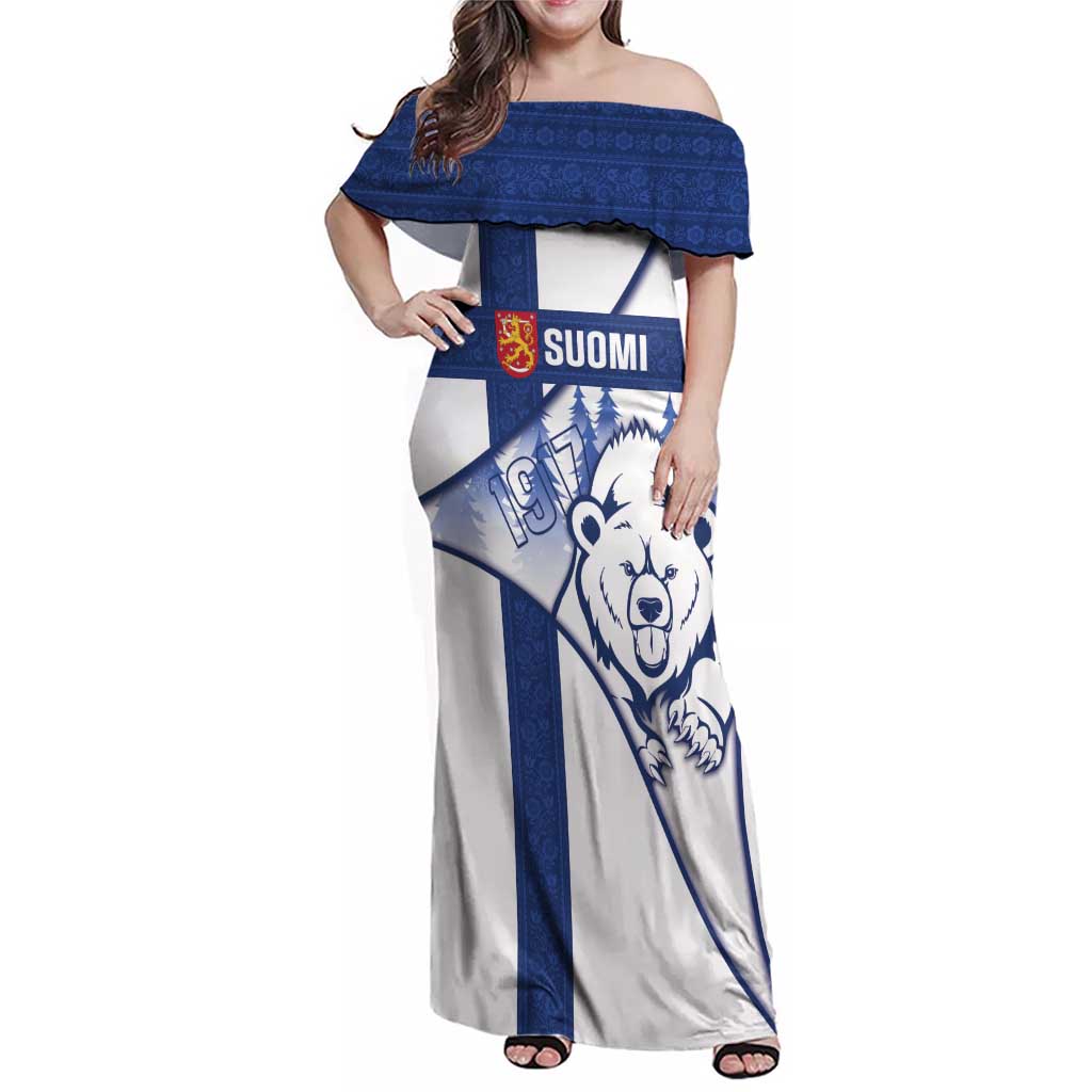 Personalised Finland Independence Day Family Matching Off Shoulder Maxi Dress and Hawaiian Shirt Suomi 1917 Proud Flag Finnish Folk Pattern - Wonder Print Shop