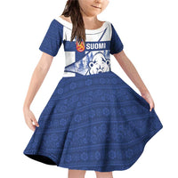 Personalised Finland Independence Day Family Matching Off Shoulder Short Dress and Hawaiian Shirt Suomi 1917 Proud Flag Finnish Folk Pattern - Wonder Print Shop