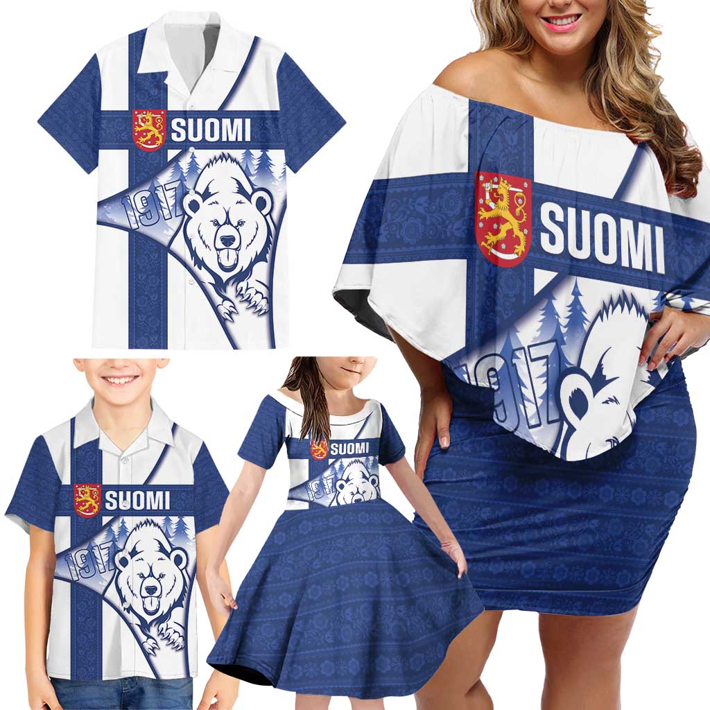 Personalised Finland Independence Day Family Matching Off Shoulder Short Dress and Hawaiian Shirt Suomi 1917 Proud Flag Finnish Folk Pattern - Wonder Print Shop