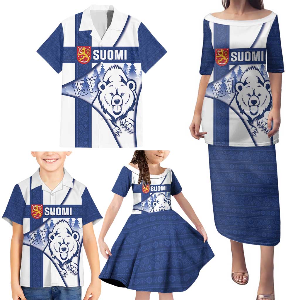 Personalised Finland Independence Day Family Matching Puletasi and Hawaiian Shirt Suomi 1917 Proud Flag Finnish Folk Pattern - Wonder Print Shop