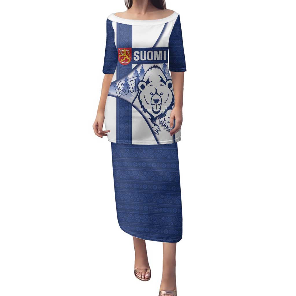 Personalised Finland Independence Day Family Matching Puletasi and Hawaiian Shirt Suomi 1917 Proud Flag Finnish Folk Pattern - Wonder Print Shop