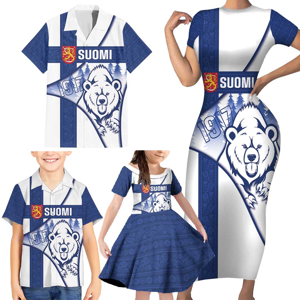 Personalised Finland Independence Day Family Matching Short Sleeve Bodycon Dress and Hawaiian Shirt Suomi 1917 Proud Flag Finnish Folk Pattern - Wonder Print Shop