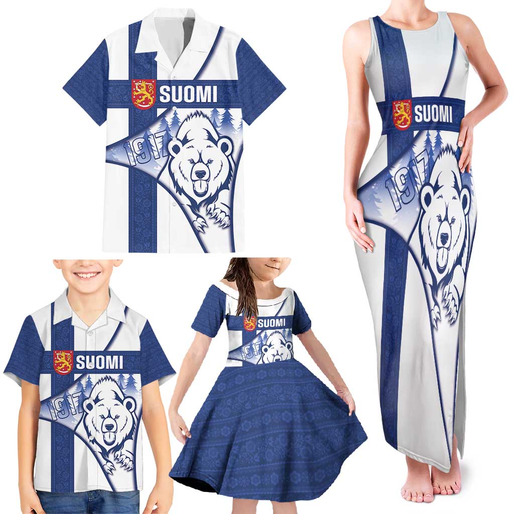 Personalised Finland Independence Day Family Matching Tank Maxi Dress and Hawaiian Shirt Suomi 1917 Proud Flag Finnish Folk Pattern - Wonder Print Shop