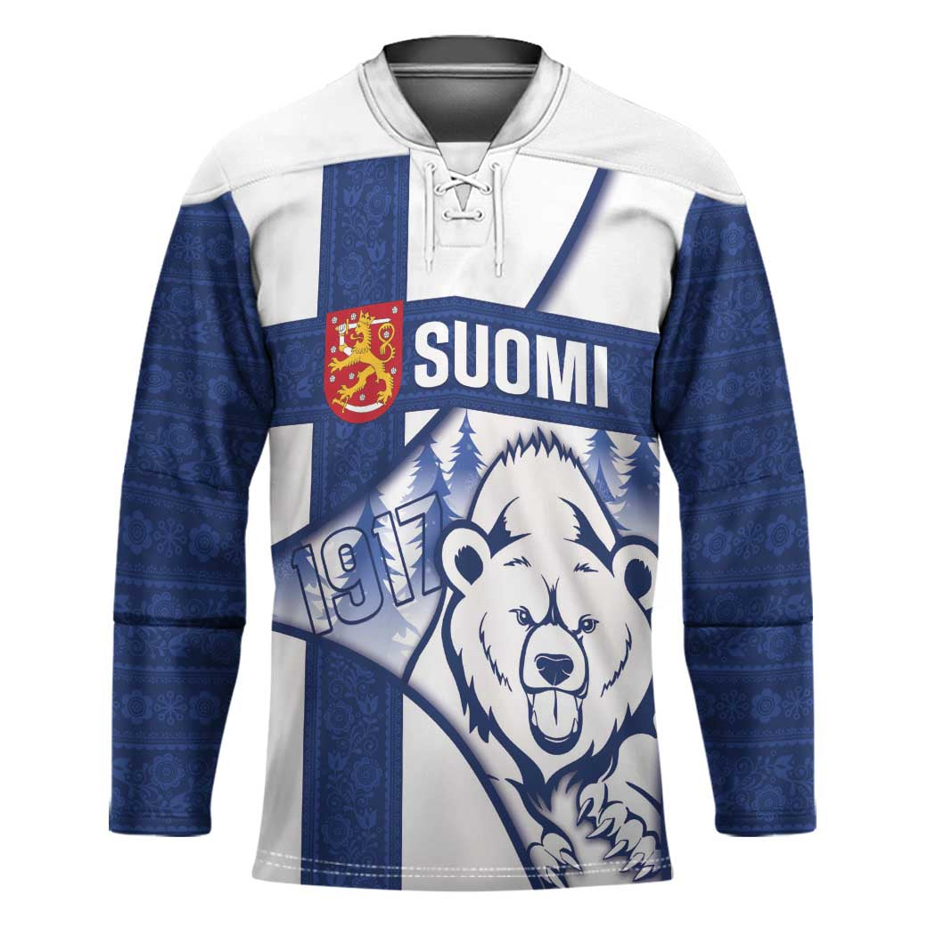Personalised Finland Independence Day Hockey Jersey Suomi 1917 Proud Flag Finnish Folk Pattern - Wonder Print Shop