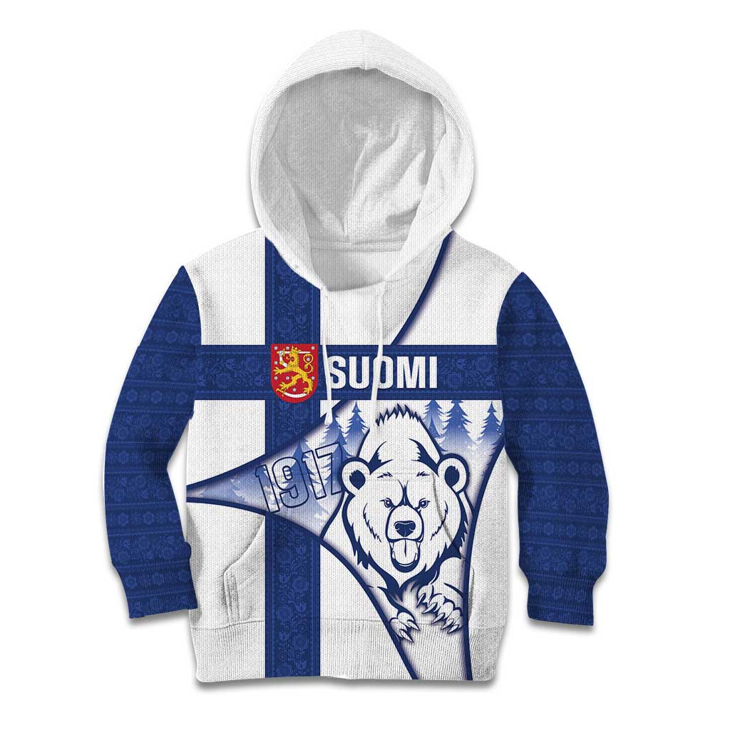 Personalised Finland Independence Day Kid Hoodie Suomi 1917 Proud Flag Finnish Folk Pattern - Wonder Print Shop