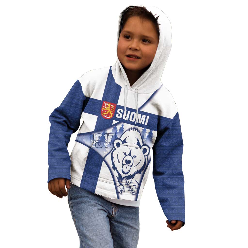 Personalised Finland Independence Day Kid Hoodie Suomi 1917 Proud Flag Finnish Folk Pattern - Wonder Print Shop
