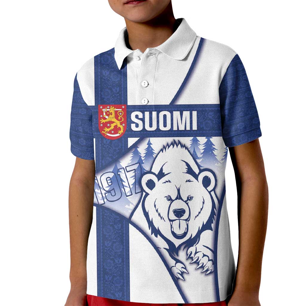 Personalised Finland Independence Day Kid Polo Shirt Suomi 1917 Proud Flag Finnish Folk Pattern - Wonder Print Shop