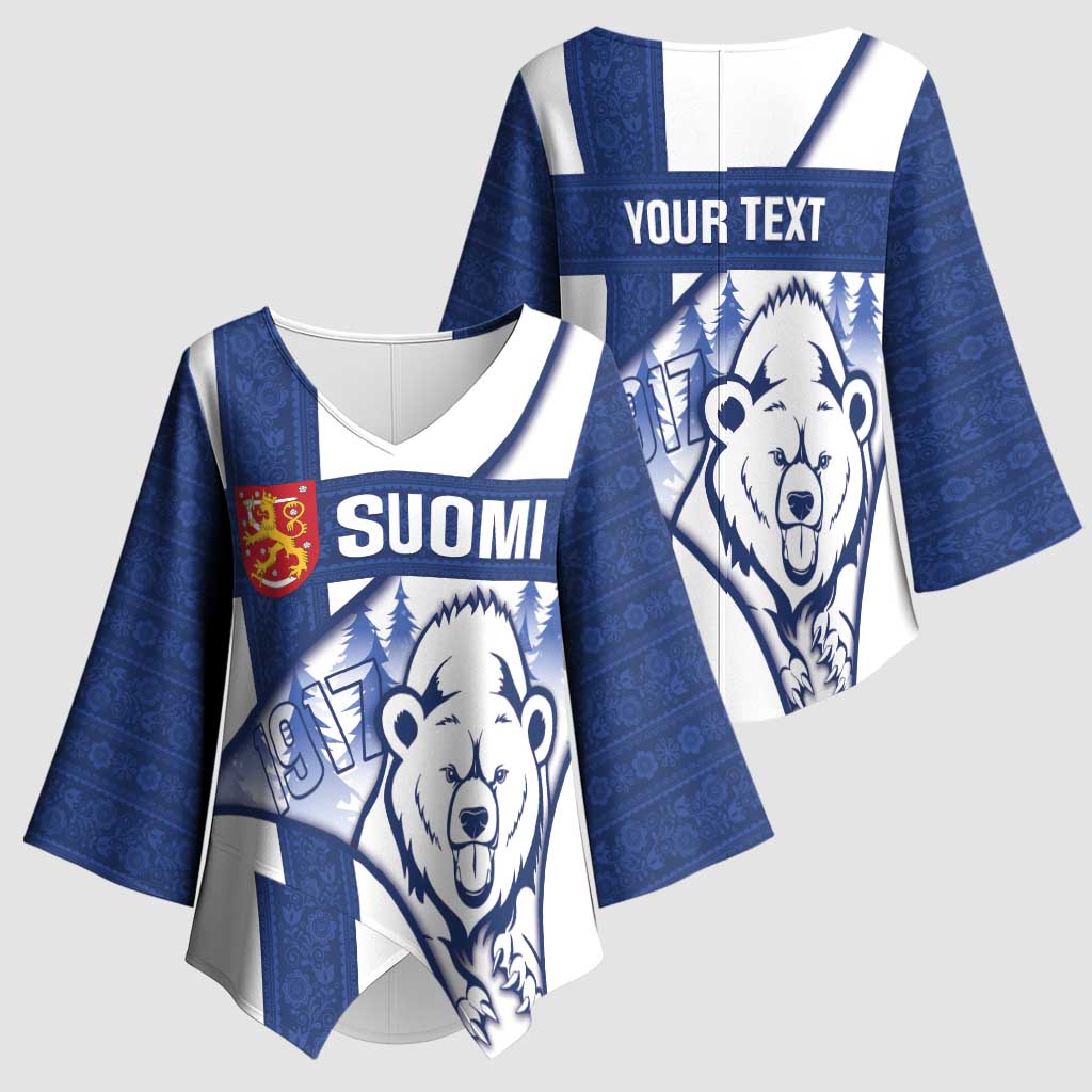 Personalised Finland Independence Day Kimono Sleeve Blouse Suomi 1917 Proud Flag Finnish Folk Pattern - Wonder Print Shop