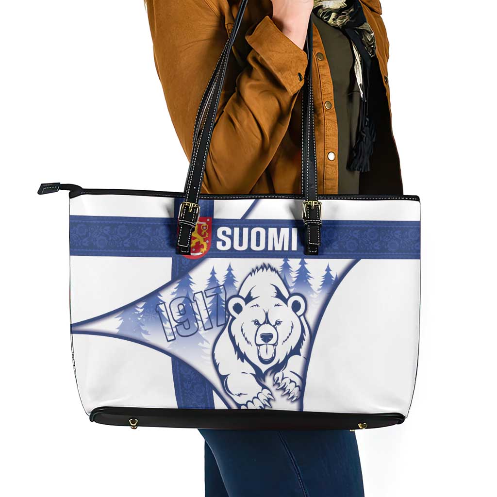 Finland Independence Day Leather Tote Bag Suomi 1917 Proud Flag Finnish Folk Pattern - Wonder Print Shop