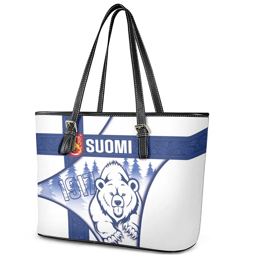 Finland Independence Day Leather Tote Bag Suomi 1917 Proud Flag Finnish Folk Pattern - Wonder Print Shop