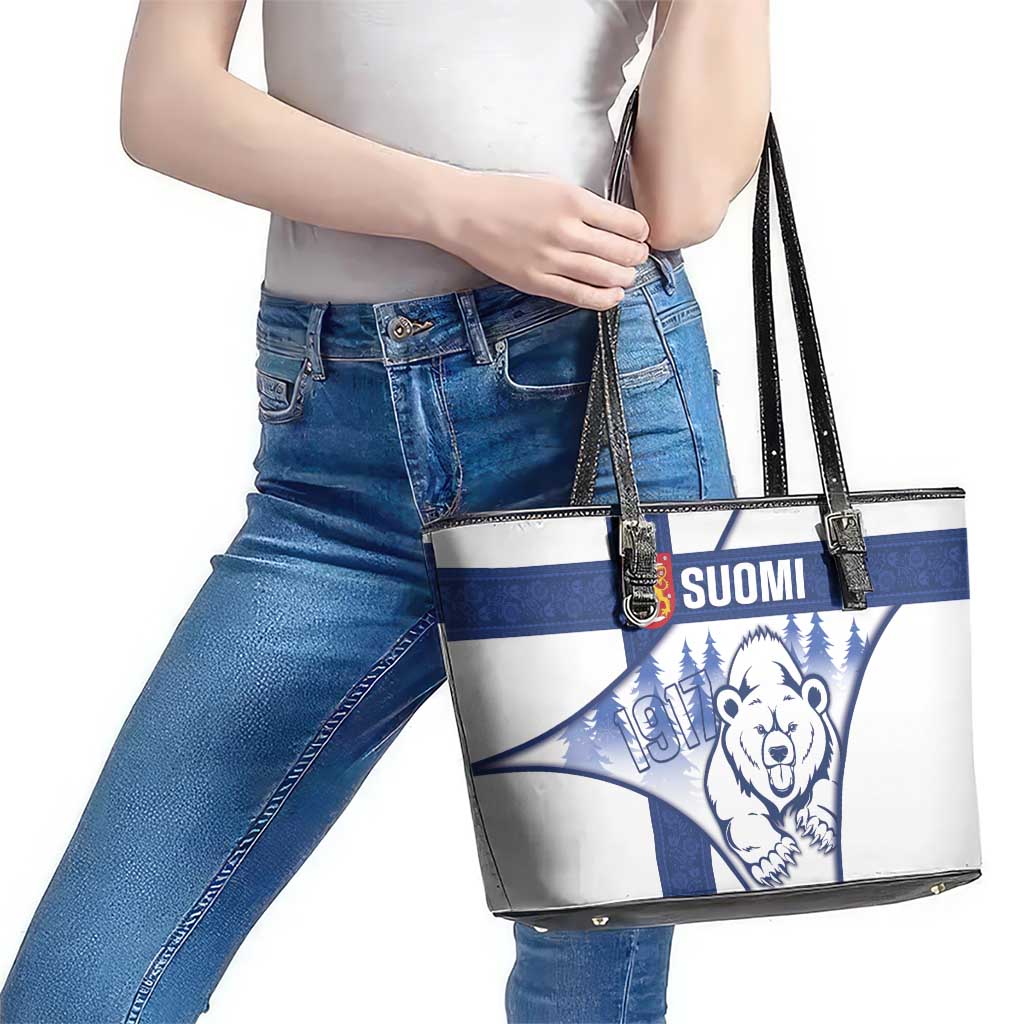 Finland Independence Day Leather Tote Bag Suomi 1917 Proud Flag Finnish Folk Pattern - Wonder Print Shop