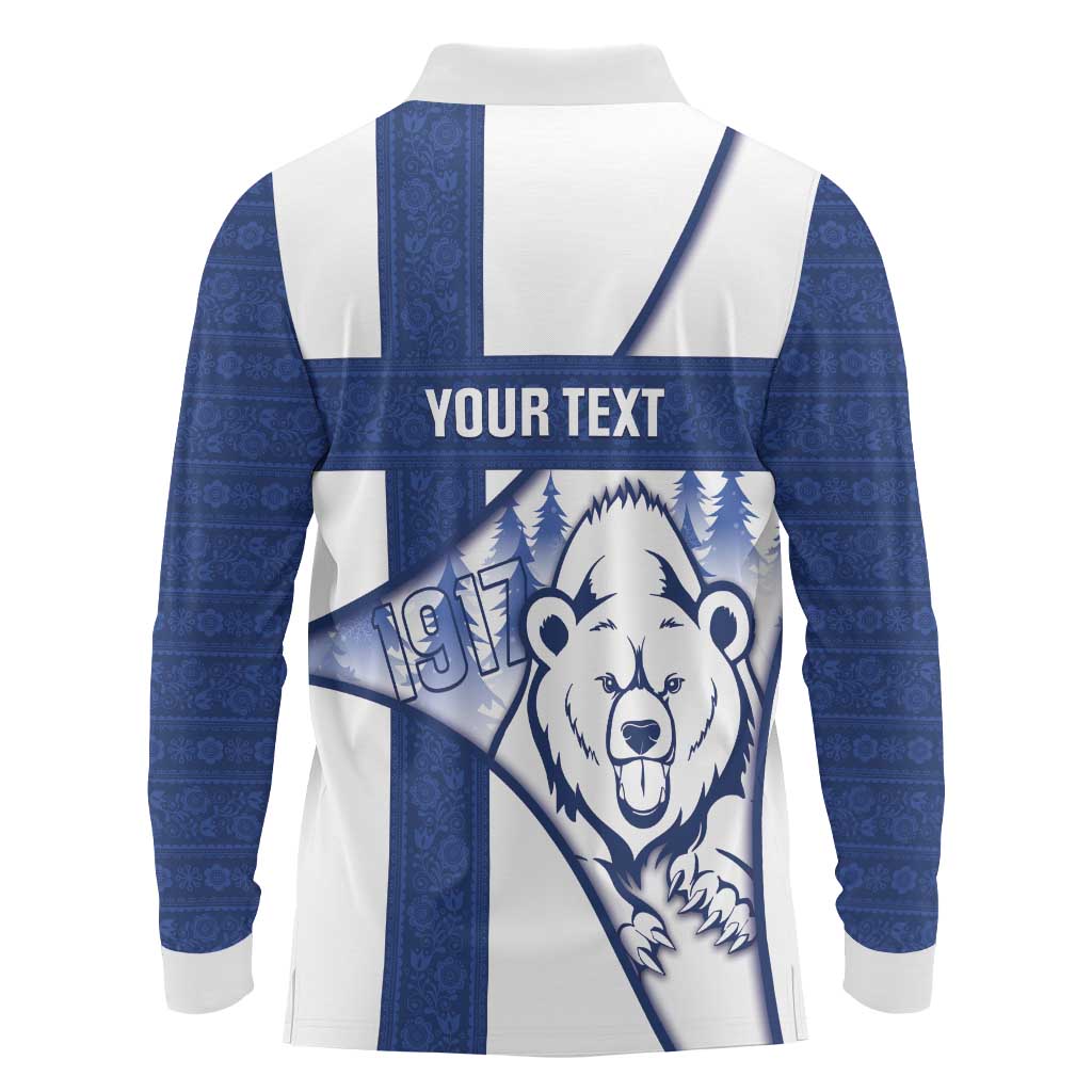 Personalised Finland Independence Day Long Sleeve Polo Shirt Suomi 1917 Proud Flag Finnish Folk Pattern - Wonder Print Shop
