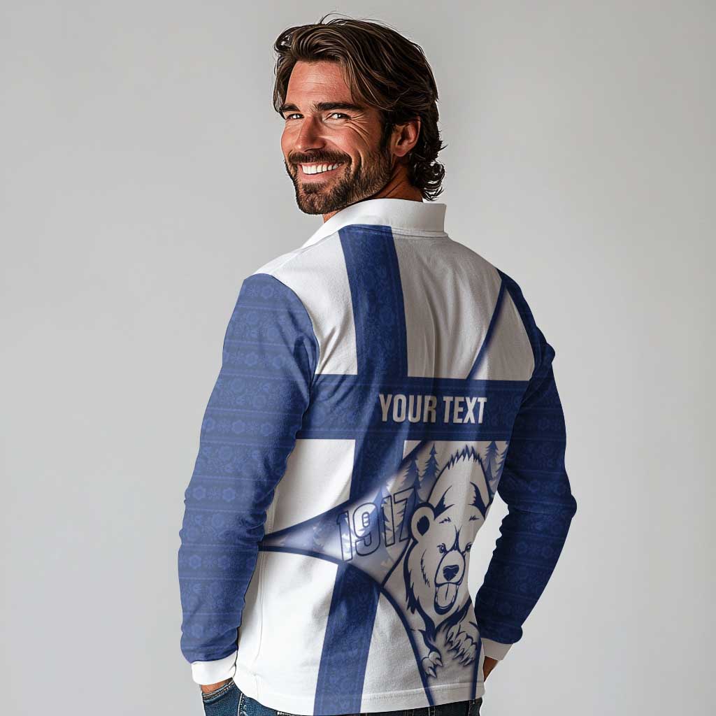 Personalised Finland Independence Day Long Sleeve Polo Shirt Suomi 1917 Proud Flag Finnish Folk Pattern - Wonder Print Shop