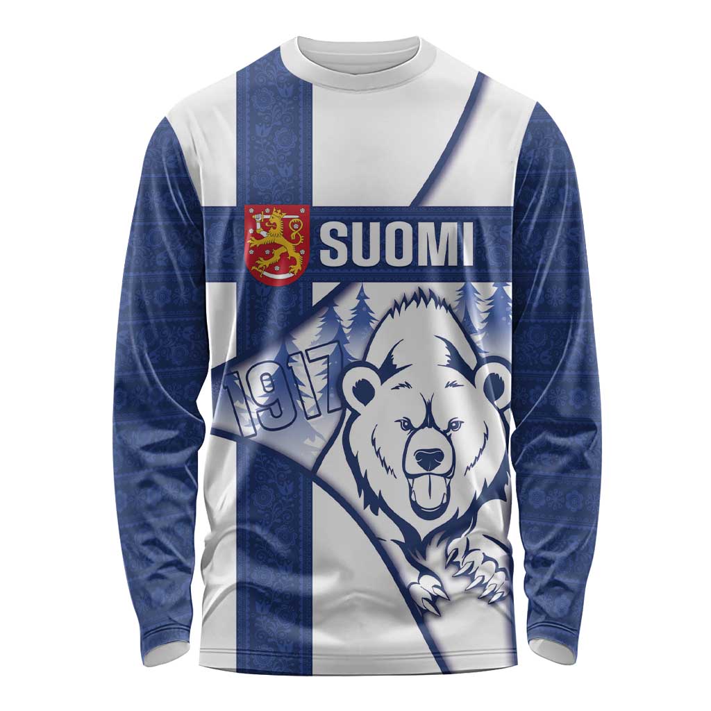 Personalised Finland Independence Day Long Sleeve Shirt Suomi 1917 Proud Flag Finnish Folk Pattern - Wonder Print Shop
