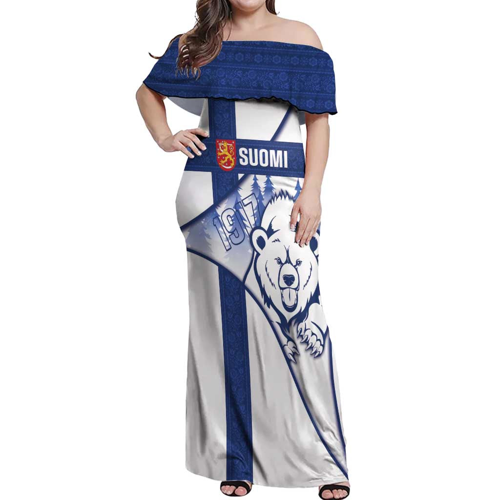 Personalised Finland Independence Day Off Shoulder Maxi Dress Suomi 1917 Proud Flag Finnish Folk Pattern - Wonder Print Shop