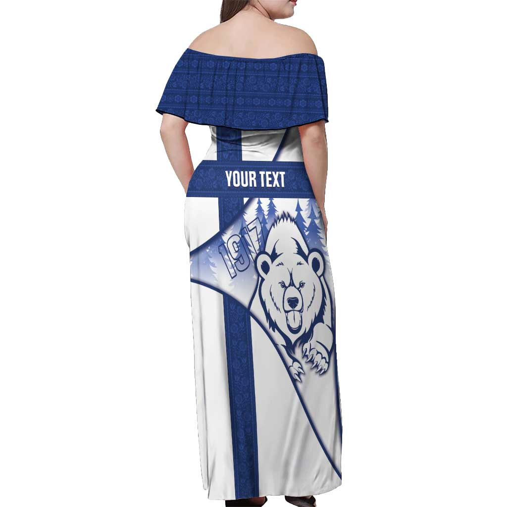 Personalised Finland Independence Day Off Shoulder Maxi Dress Suomi 1917 Proud Flag Finnish Folk Pattern - Wonder Print Shop