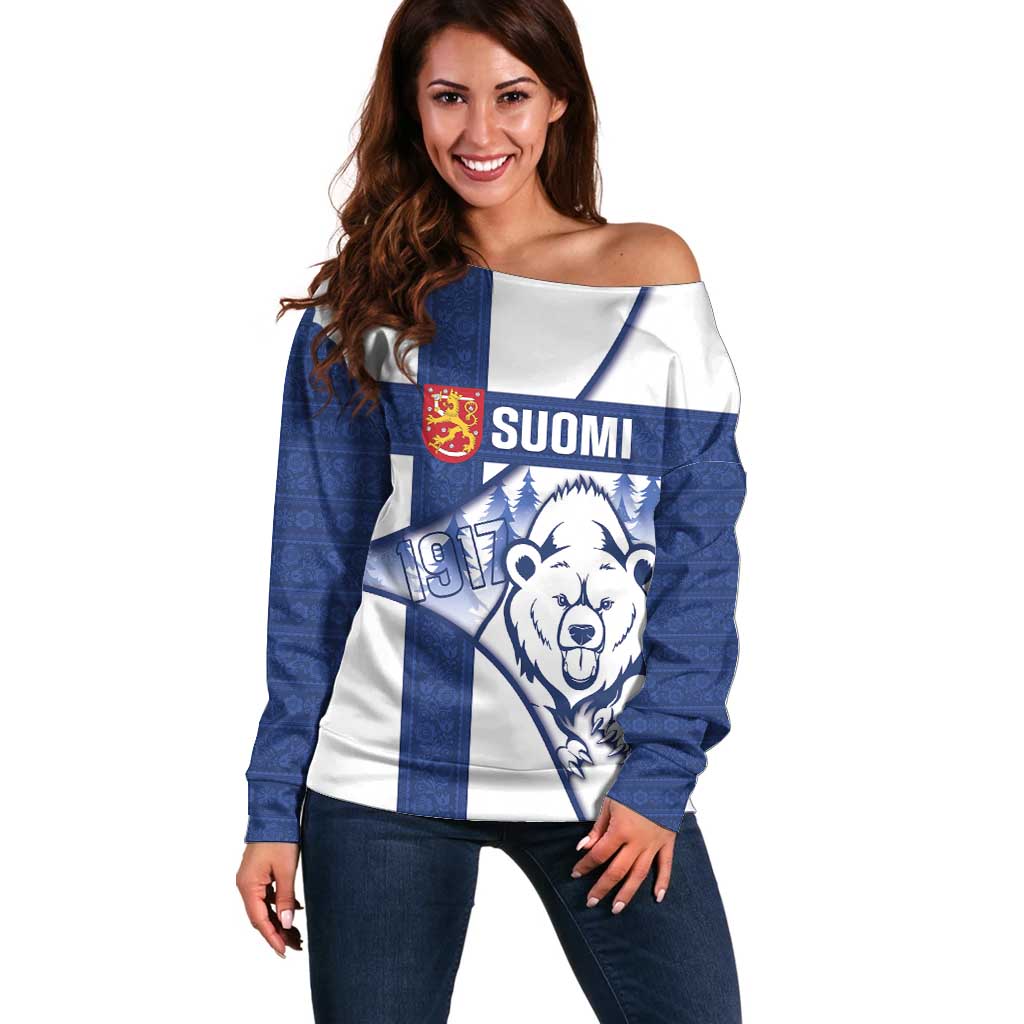 Personalised Finland Independence Day Off Shoulder Sweater Suomi 1917 Proud Flag Finnish Folk Pattern - Wonder Print Shop