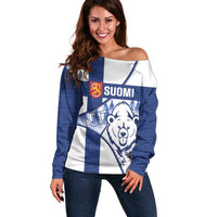 Personalised Finland Independence Day Off Shoulder Sweater Suomi 1917 Proud Flag Finnish Folk Pattern - Wonder Print Shop