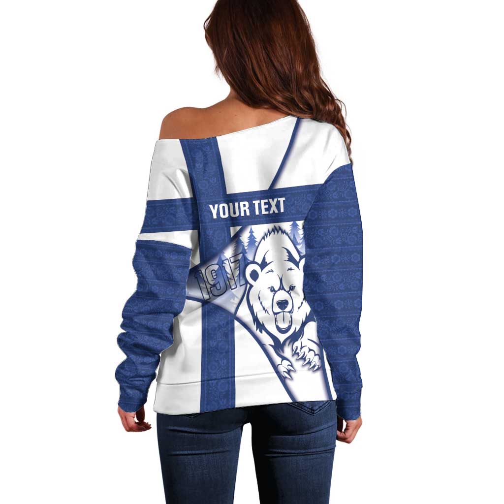 Personalised Finland Independence Day Off Shoulder Sweater Suomi 1917 Proud Flag Finnish Folk Pattern - Wonder Print Shop