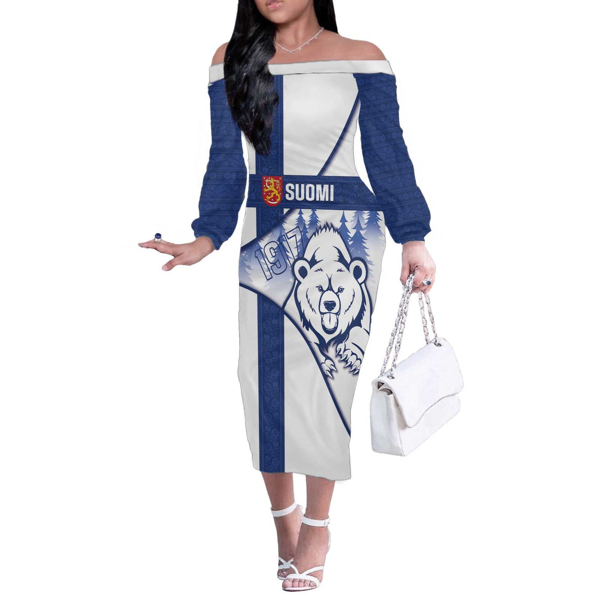 Personalised Finland Independence Day Off The Shoulder Long Sleeve Dress Suomi 1917 Proud Flag Finnish Folk Pattern - Wonder Print Shop