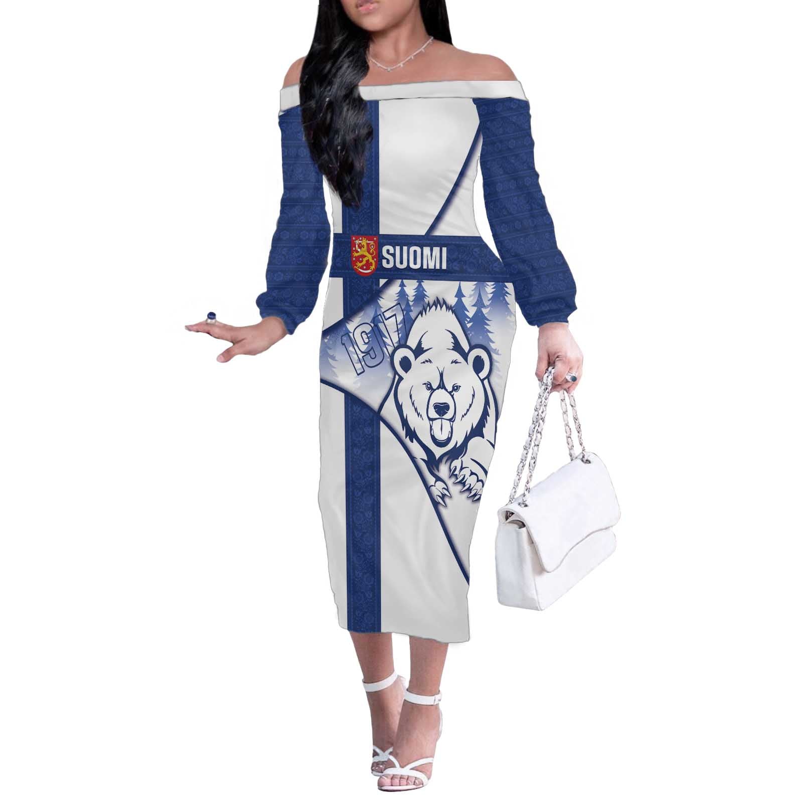 Personalised Finland Independence Day Off The Shoulder Long Sleeve Dress Suomi 1917 Proud Flag Finnish Folk Pattern - Wonder Print Shop