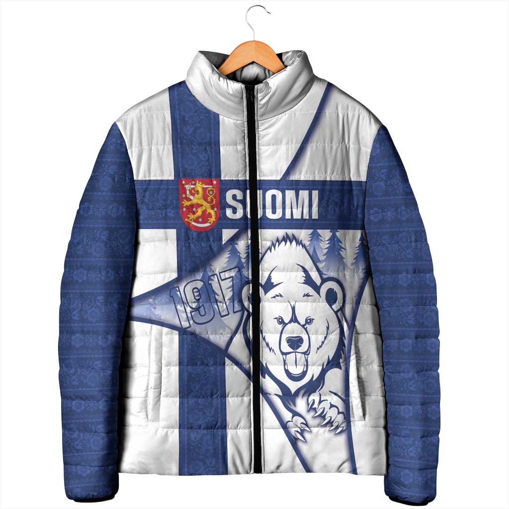 Personalised Finland Independence Day Padded Jacket Suomi 1917 Proud Flag Finnish Folk Pattern - Wonder Print Shop
