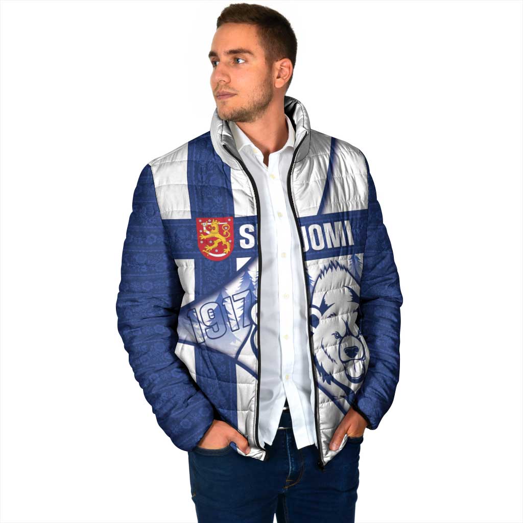 Personalised Finland Independence Day Padded Jacket Suomi 1917 Proud Flag Finnish Folk Pattern - Wonder Print Shop