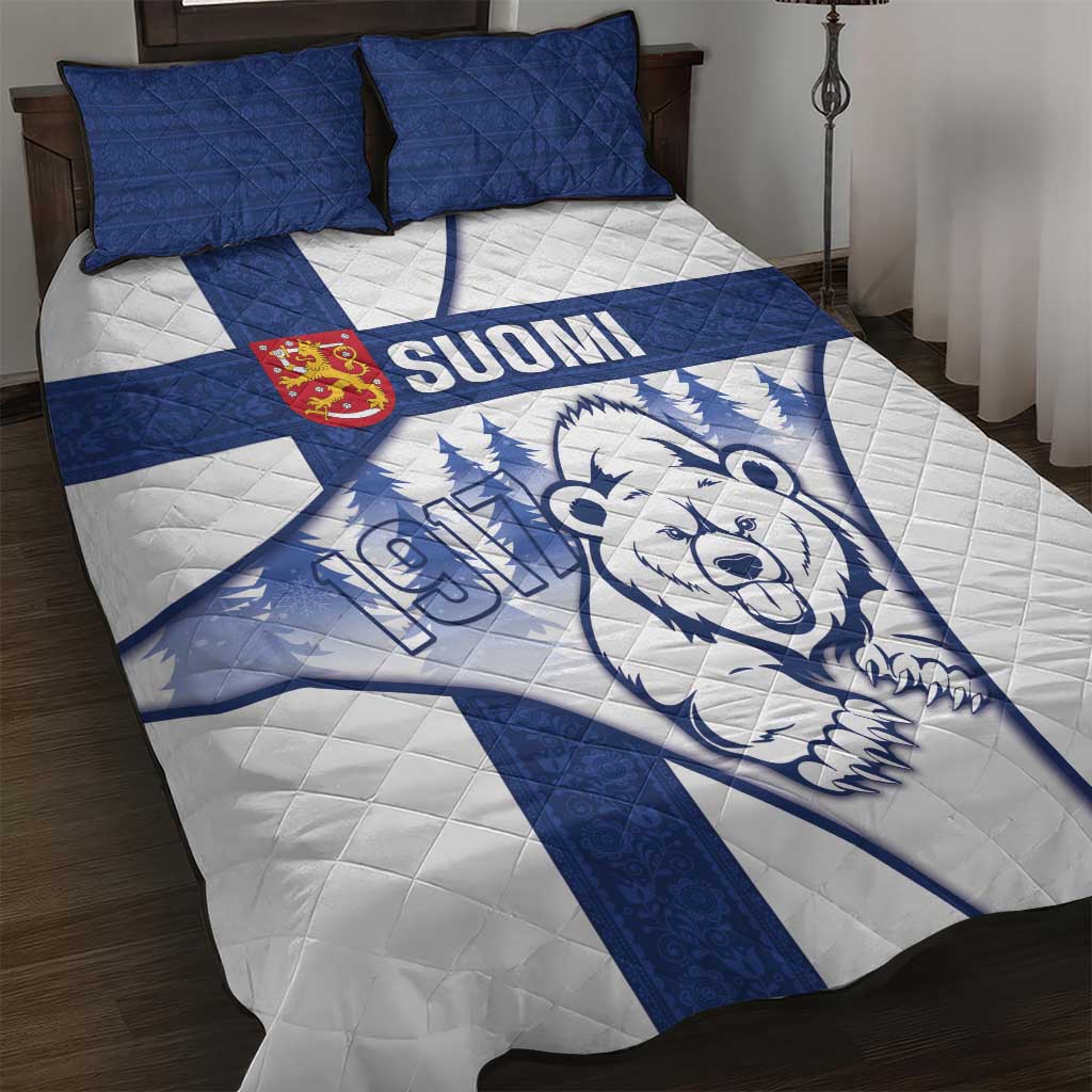 Finland Independence Day Quilt Bed Set Suomi 1917 Proud Flag Finnish Folk Pattern - Wonder Print Shop