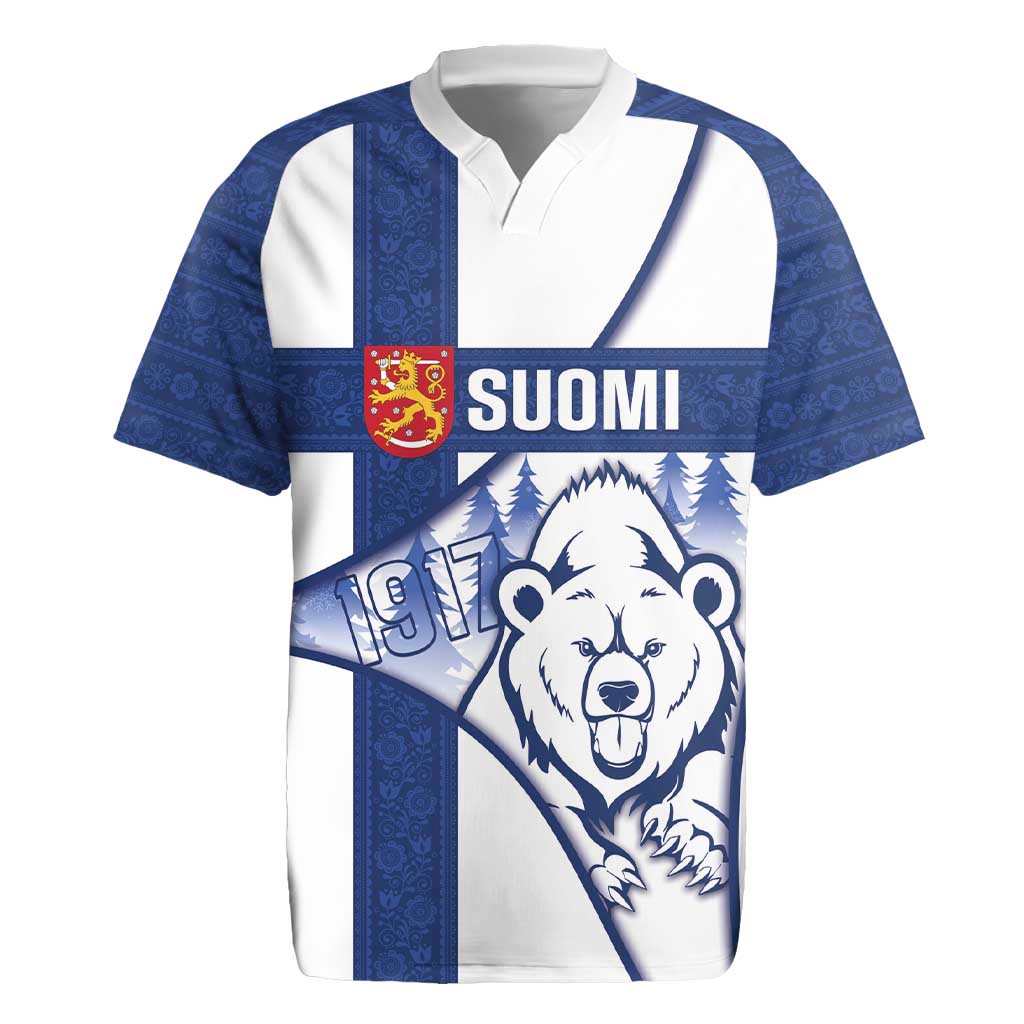 Personalised Finland Independence Day Rugby Jersey Suomi 1917 Proud Flag Finnish Folk Pattern - Wonder Print Shop