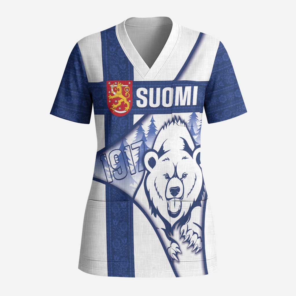 Personalised Finland Independence Day Scrub Top Suomi 1917 Proud Flag Finnish Folk Pattern - Wonder Print Shop
