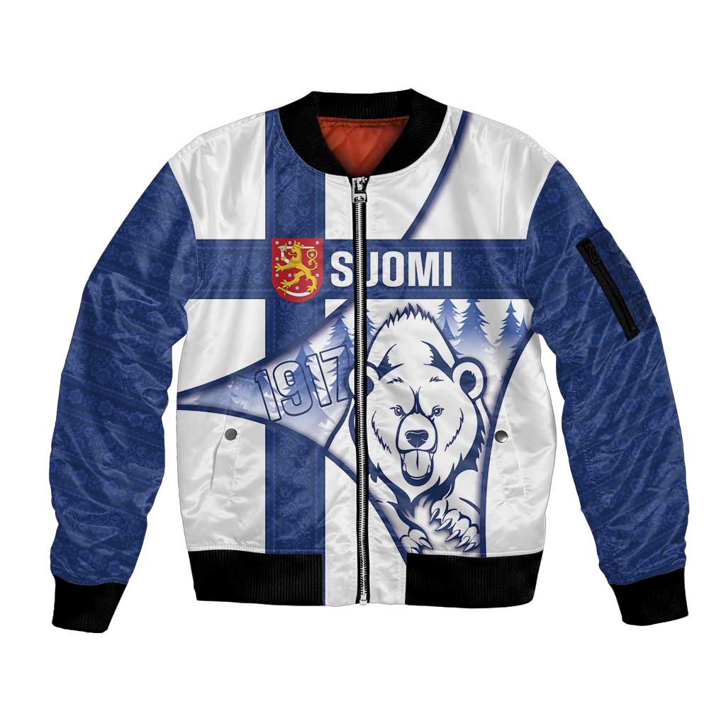 Personalised Finland Independence Day Sleeve Zip Bomber Jacket Suomi 1917 Proud Flag Finnish Folk Pattern - Wonder Print Shop