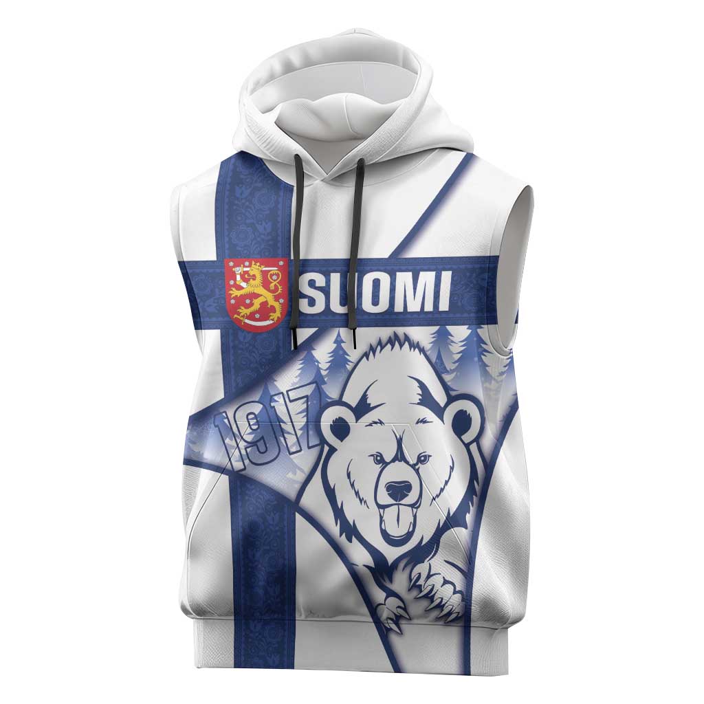 Personalised Finland Independence Day Sleeveless Hoodie Suomi 1917 Proud Flag Finnish Folk Pattern - Wonder Print Shop