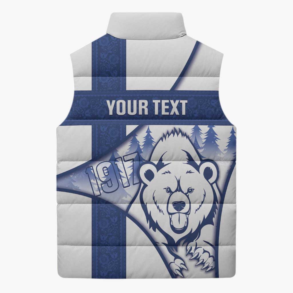 Personalised Finland Independence Day Sleeveless Puffer Jacket Suomi 1917 Proud Flag Finnish Folk Pattern - Wonder Print Shop