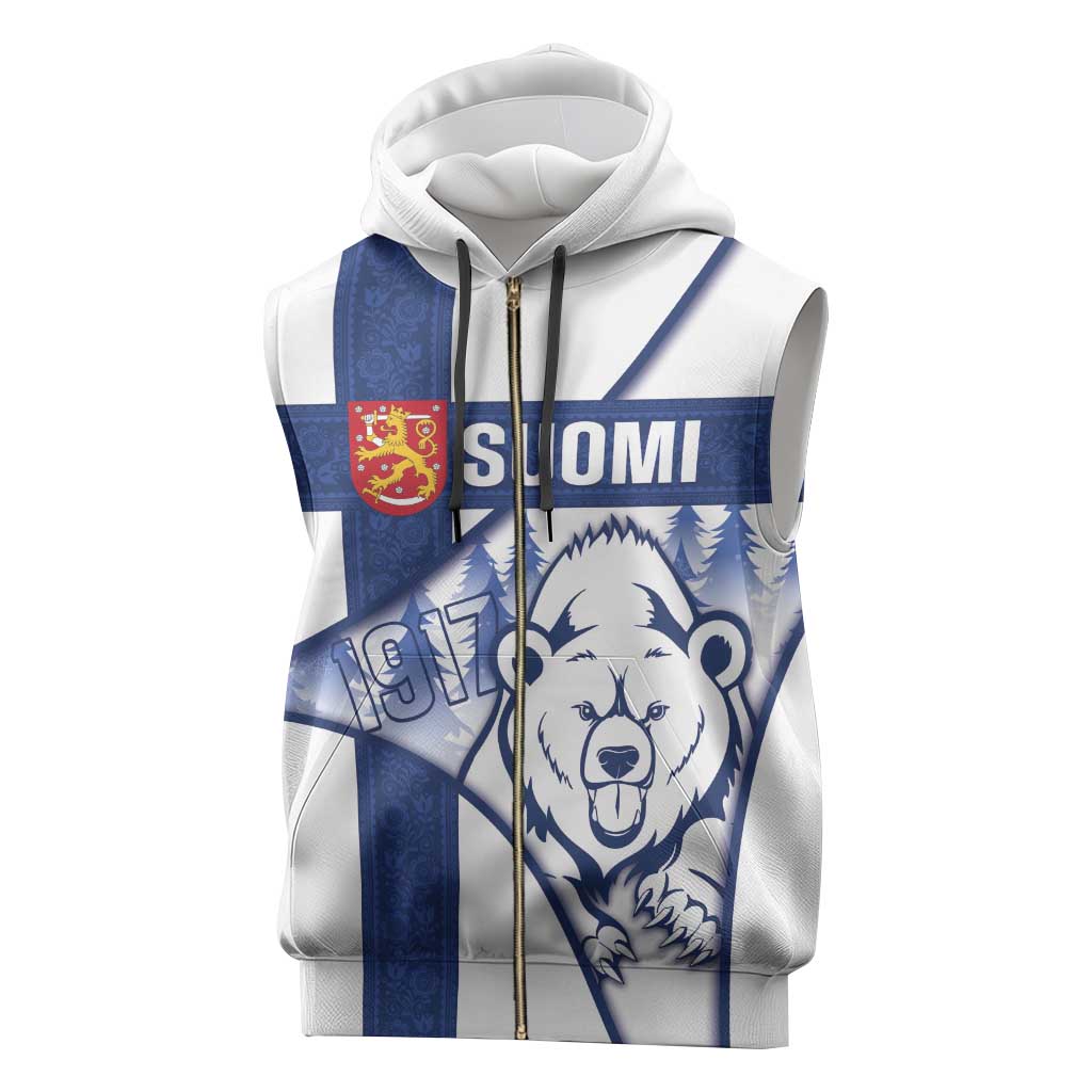 Personalised Finland Independence Day Sleeveless Zip Hoodie Suomi 1917 Proud Flag Finnish Folk Pattern - Wonder Print Shop