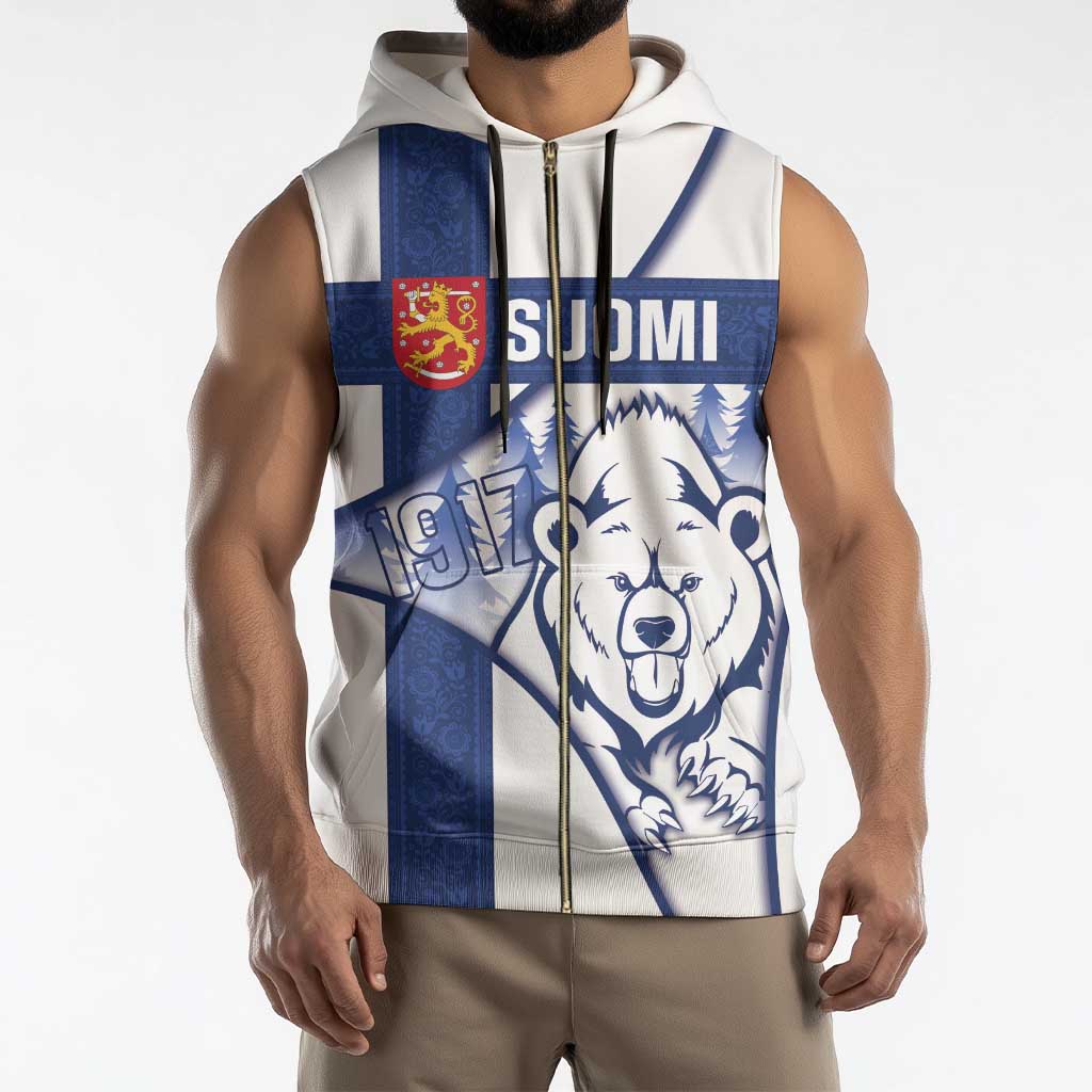 Personalised Finland Independence Day Sleeveless Zip Hoodie Suomi 1917 Proud Flag Finnish Folk Pattern - Wonder Print Shop